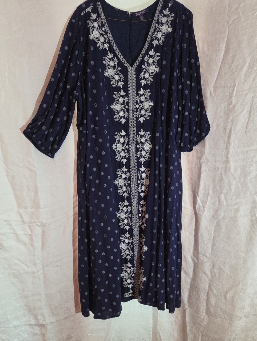 Roaman's Navy Blue Embroidered V-Neck Maxi Dress